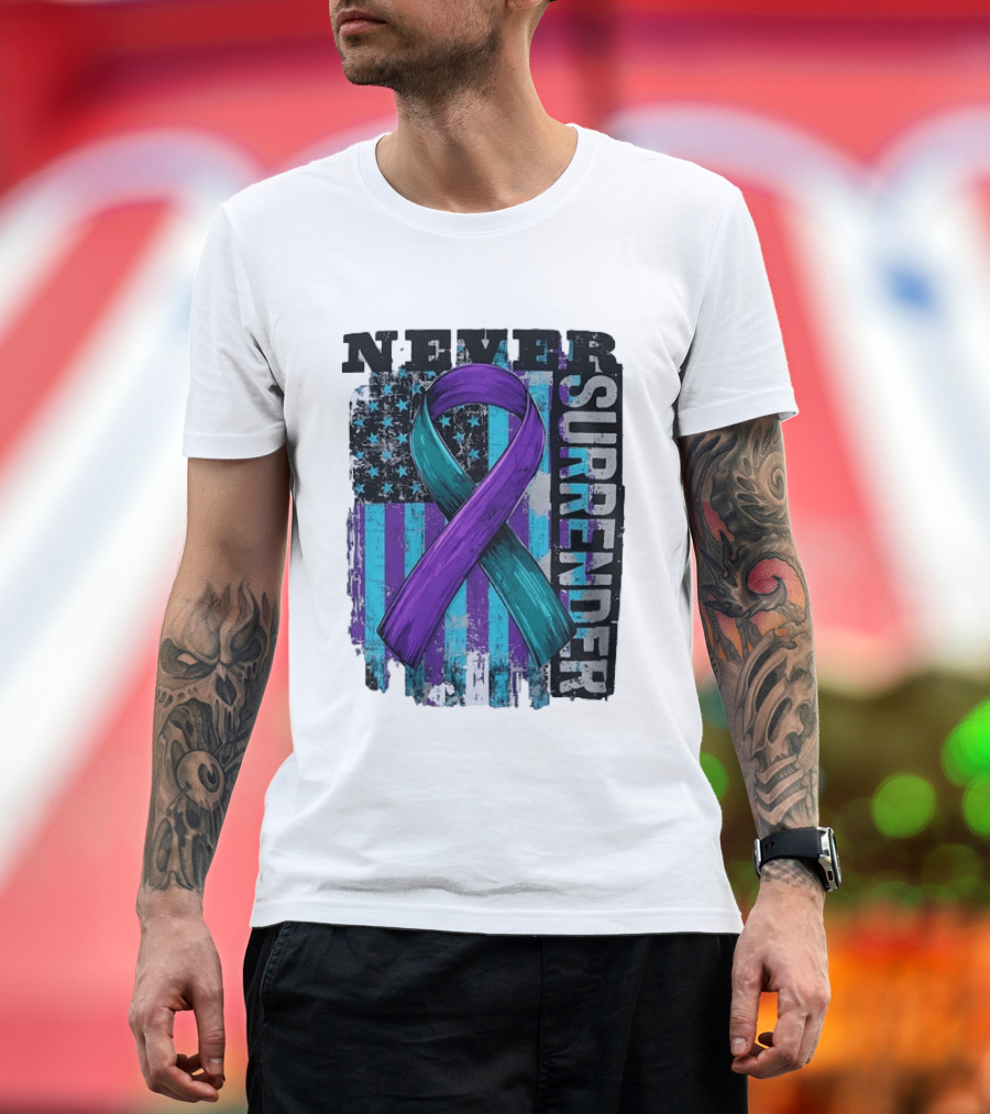 Never Surrender Teal And Purple Awareness Ribbon Distressed Flag T-Shirt