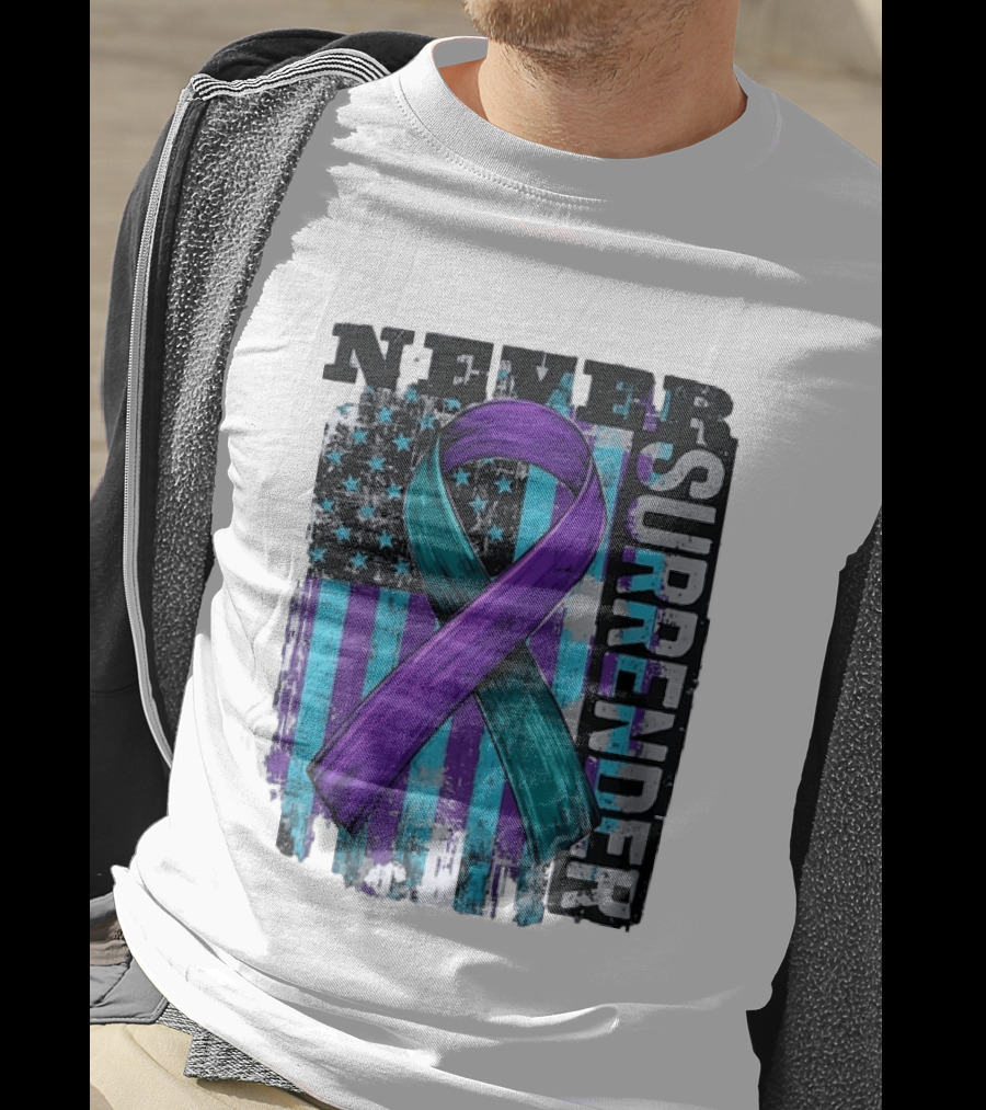 Never Surrender Teal And Purple Awareness Ribbon Distressed Flag T-Shirt
