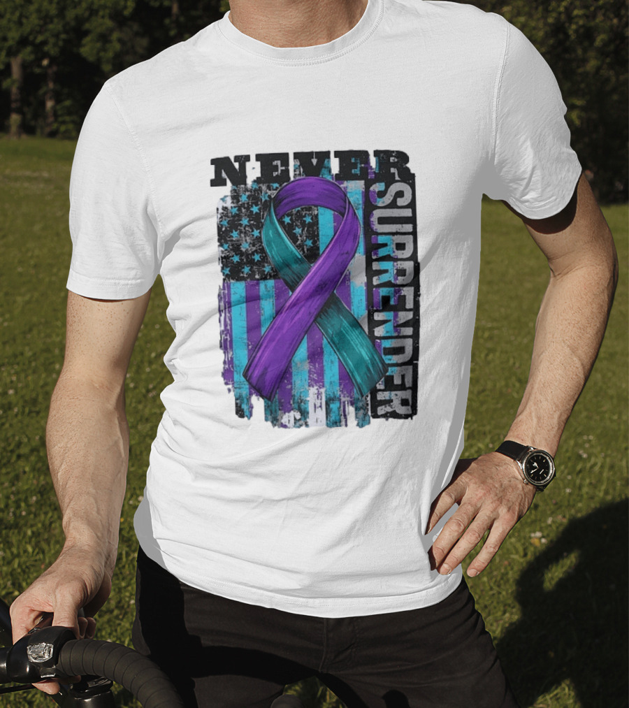 Never Surrender Teal And Purple Awareness Ribbon Distressed Flag T-Shirt