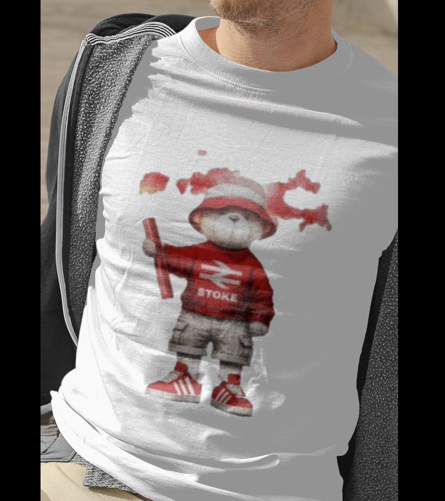 Stoke Awaydays Bear With Flare Football Casuals Railway Logo Bucket Hat Red Sneakers T-Shirt