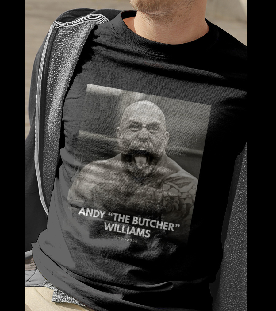 Andy The Butcher Williams 1977 2026 Tattooed Beard Black And White Image T-Shirt