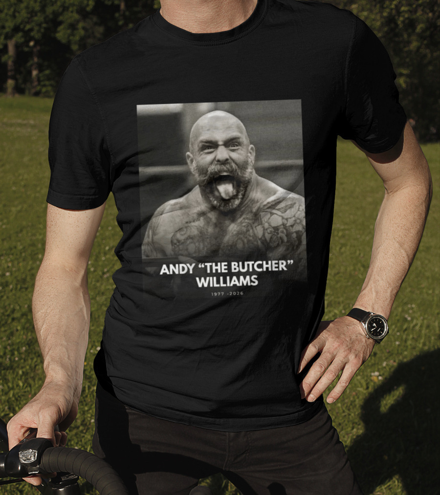 Andy The Butcher Williams 1977 2026 Tattooed Beard Black And White Image T-Shirt