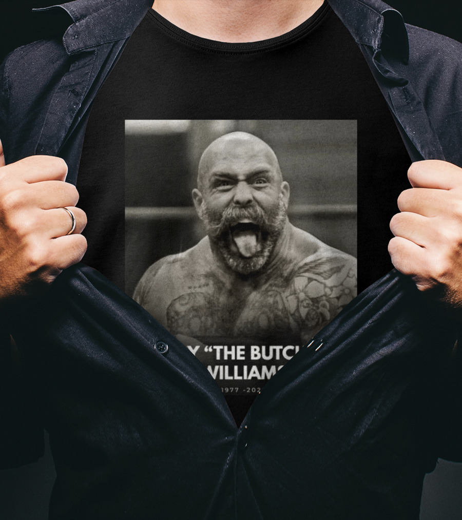 Andy The Butcher Williams 1977 2026 Tattooed Beard Black And White Image T-Shirt