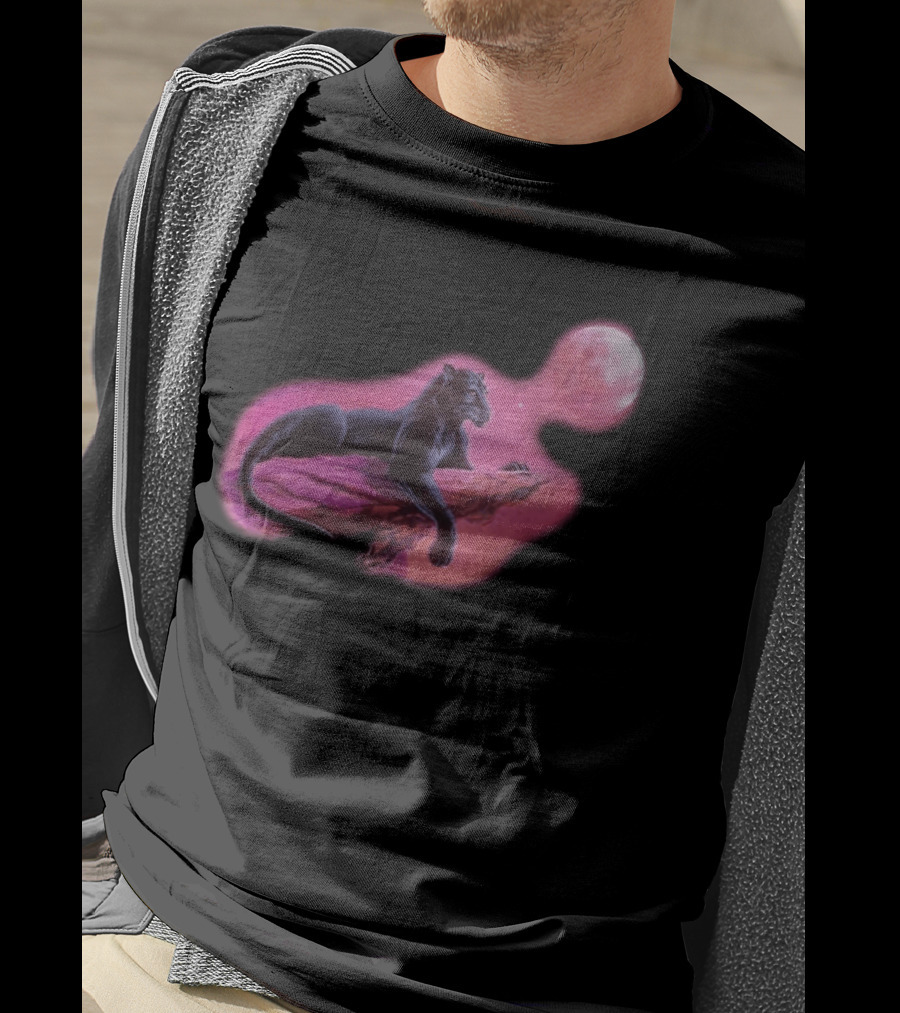 Black Panther On Rock With Pink Moonlit Night Sky T-Shirt