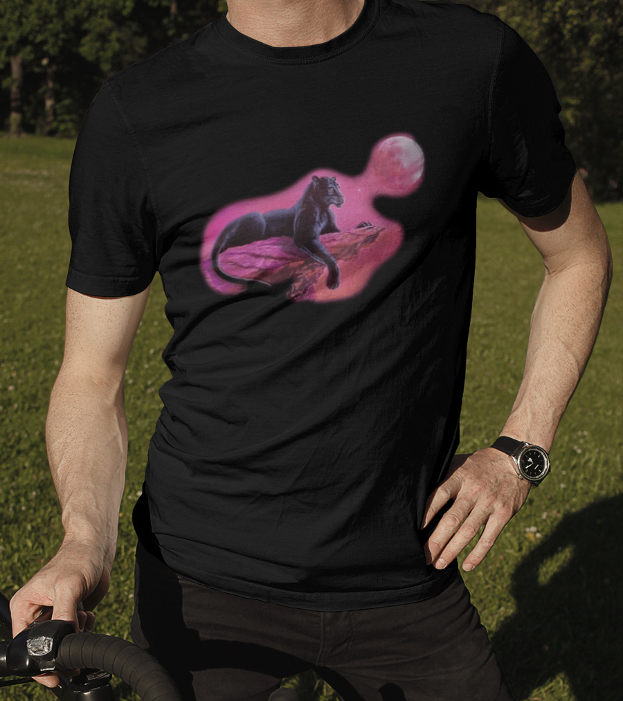 Black Panther On Rock With Pink Moonlit Night Sky T-Shirt