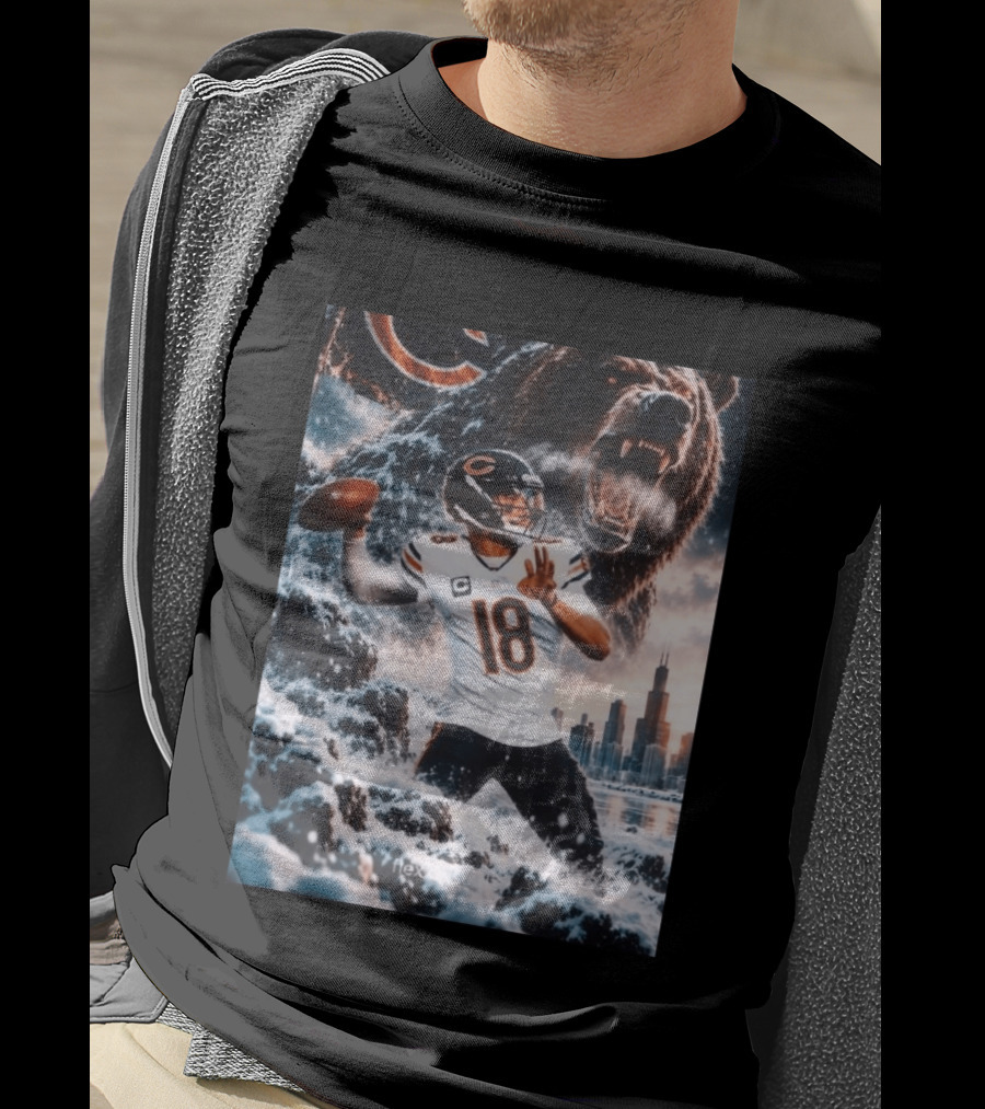 Caleb Williams Chicago Bears Snowy Football Bear Quarterback Number 18 City Skyline T-Shirt