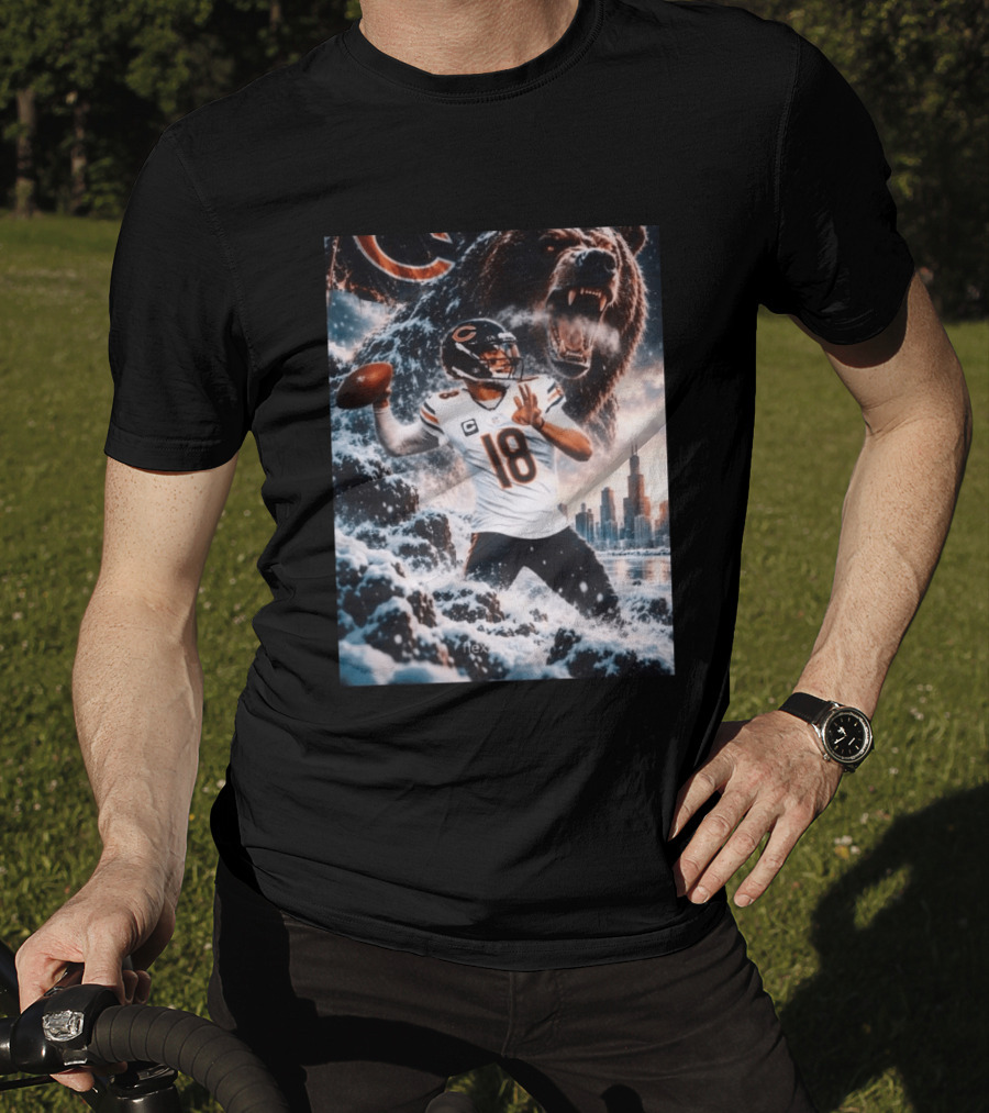 Caleb Williams Chicago Bears Snowy Football Bear Quarterback Number 18 City Skyline T-Shirt