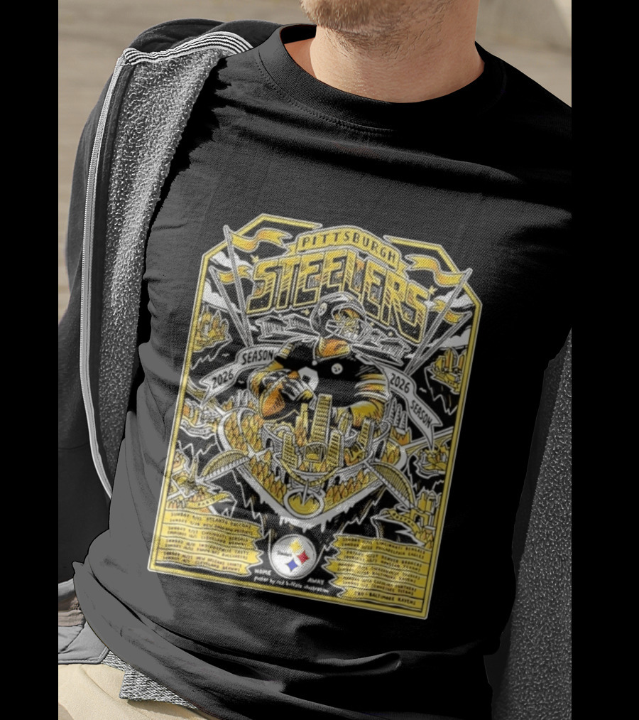 Pittsburgh Steelers 2026 Season Schedule Featuring Iconic Cityscape And Player T-Shirt