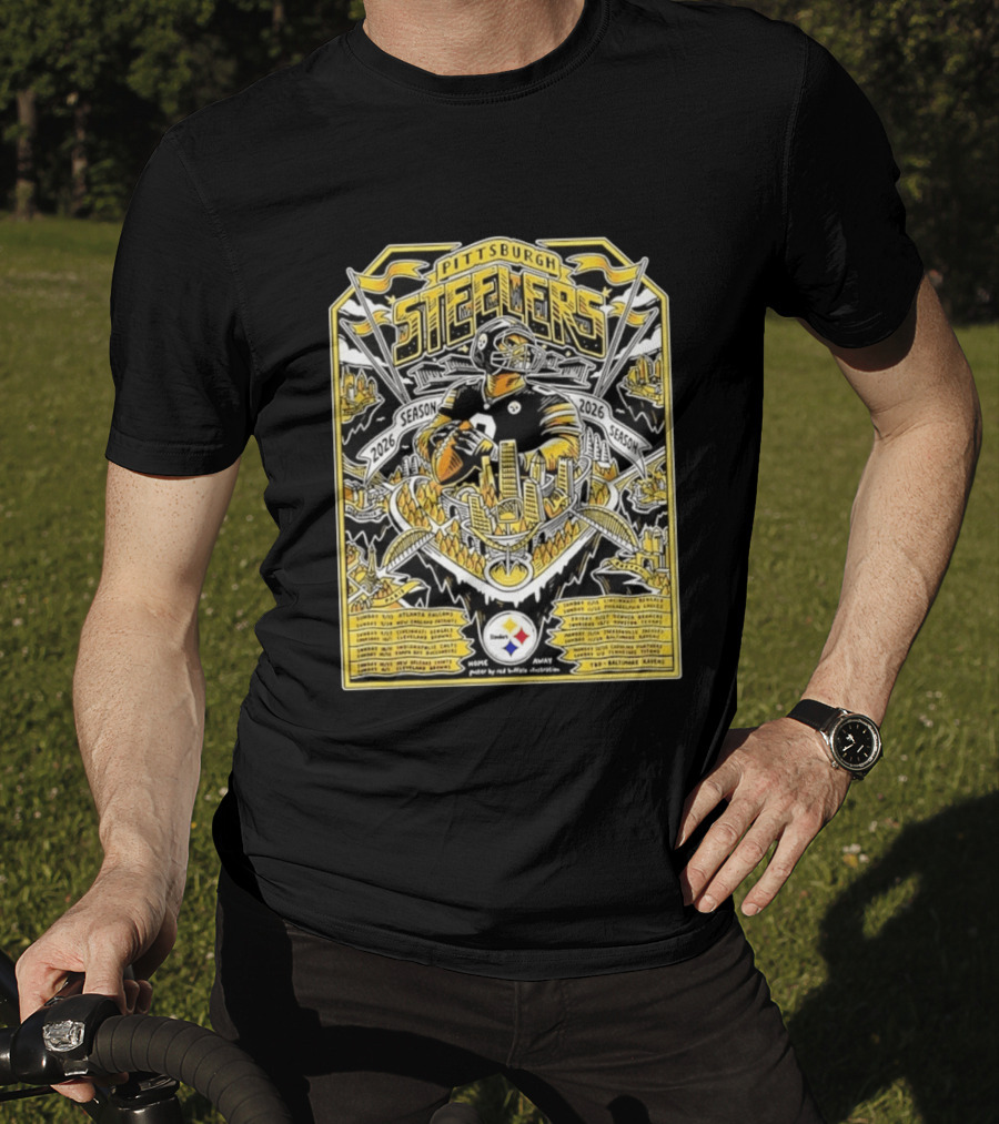 Pittsburgh Steelers 2026 Season Schedule Featuring Iconic Cityscape And Player T-Shirt