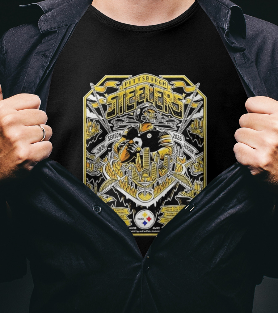 Pittsburgh Steelers 2026 Season Schedule Featuring Iconic Cityscape And Player T-Shirt