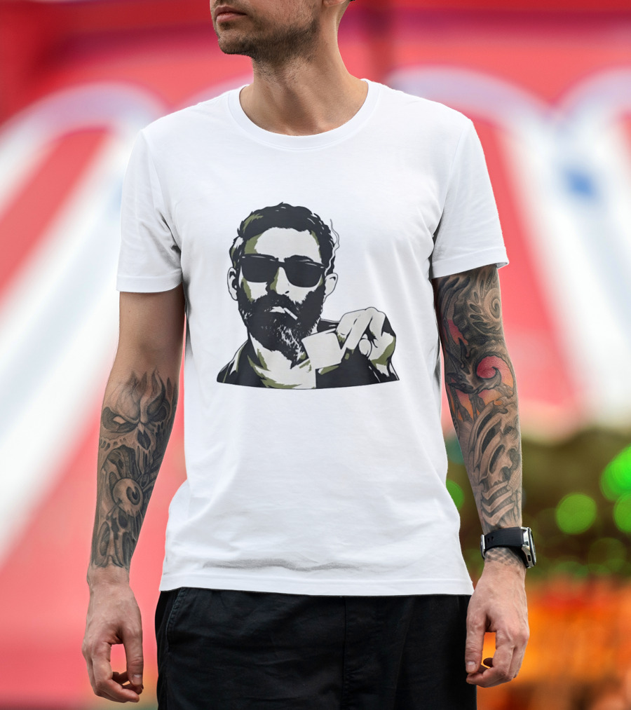 Bearded Man With Sunglasses Smoking Cigarette Holding Blank Card T-Shirt