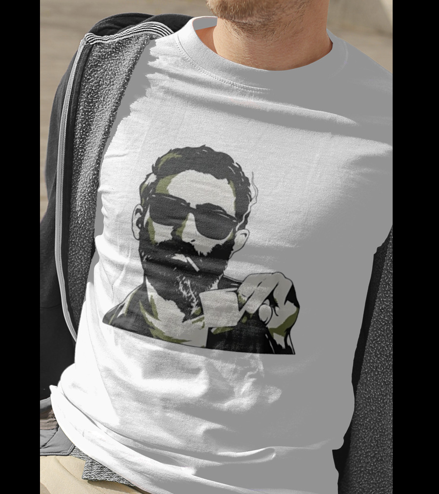 Bearded Man With Sunglasses Smoking Cigarette Holding Blank Card T-Shirt