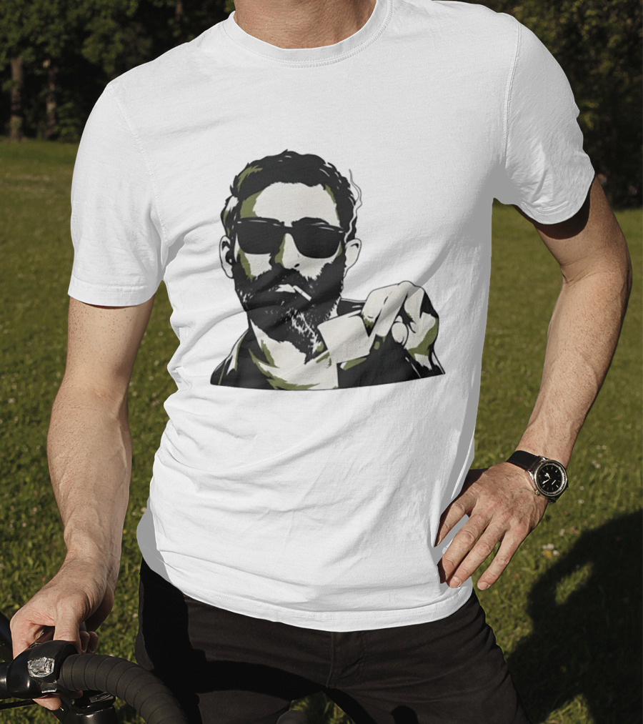 Bearded Man With Sunglasses Smoking Cigarette Holding Blank Card T-Shirt