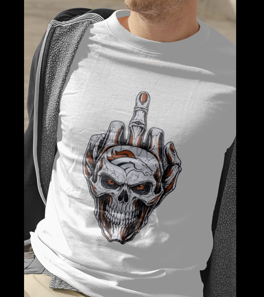 Distressed Denver Broncos Skull With Middle Finger Skeleton Hand T-Shirt