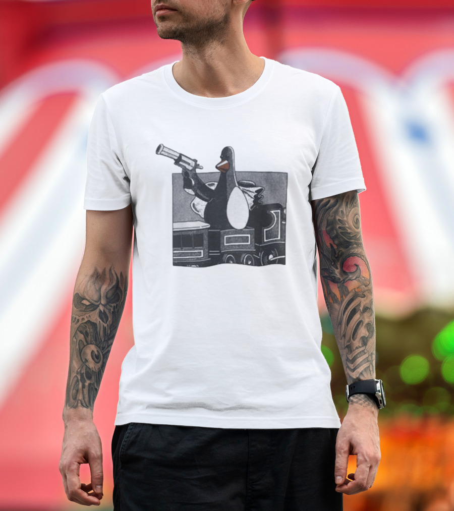 Evil Penguin With Gun On Train Vengeance Most Fowl McGraw T-Shirt