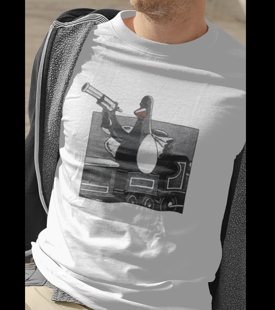 Evil Penguin With Gun On Train Vengeance Most Fowl McGraw T-Shirt