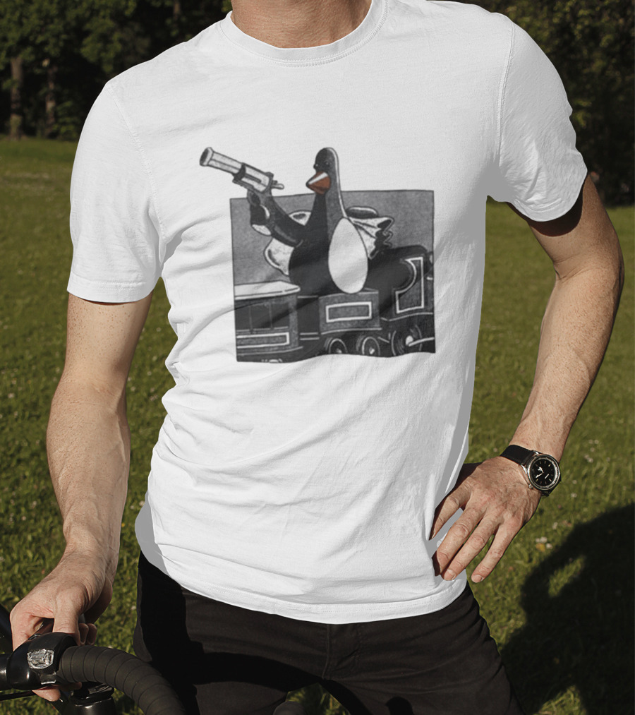 Evil Penguin With Gun On Train Vengeance Most Fowl McGraw T-Shirt