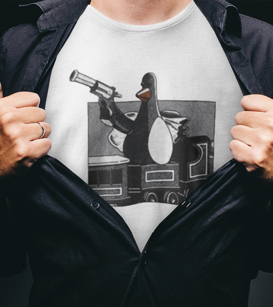 Evil Penguin With Gun On Train Vengeance Most Fowl McGraw T-Shirt