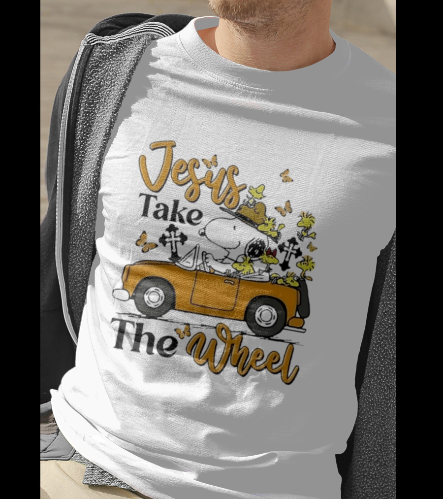 Snoopy Jesus Take The Wheel Butterflies Woodstock Driving Scene T-Shirt