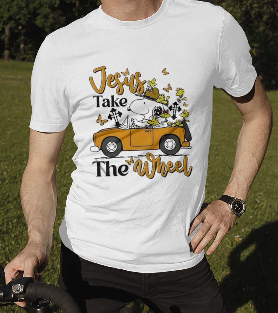 Snoopy Jesus Take The Wheel Butterflies Woodstock Driving Scene T-Shirt