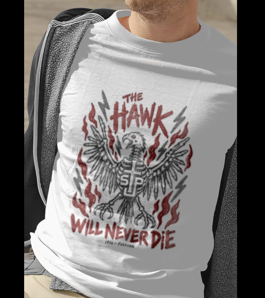 The Hawk Will Never Die 1851 Skeletal Bird Wings Cross Flames Lightning T-Shirt