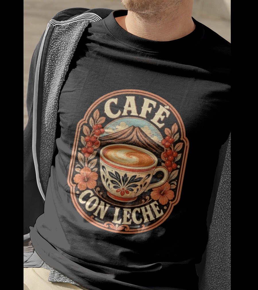 Café Con Leche Coffee Latte Floral Mountain Art Deco T-Shirt