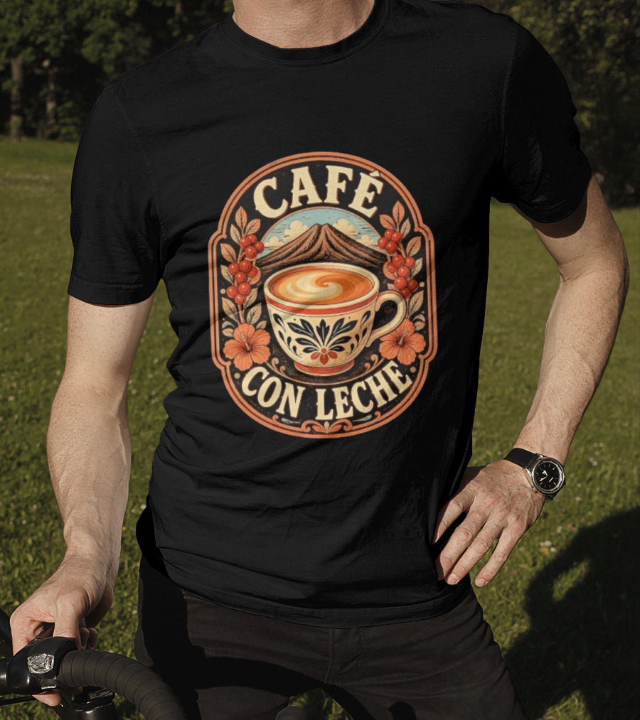 Café Con Leche Coffee Latte Floral Mountain Art Deco T-Shirt