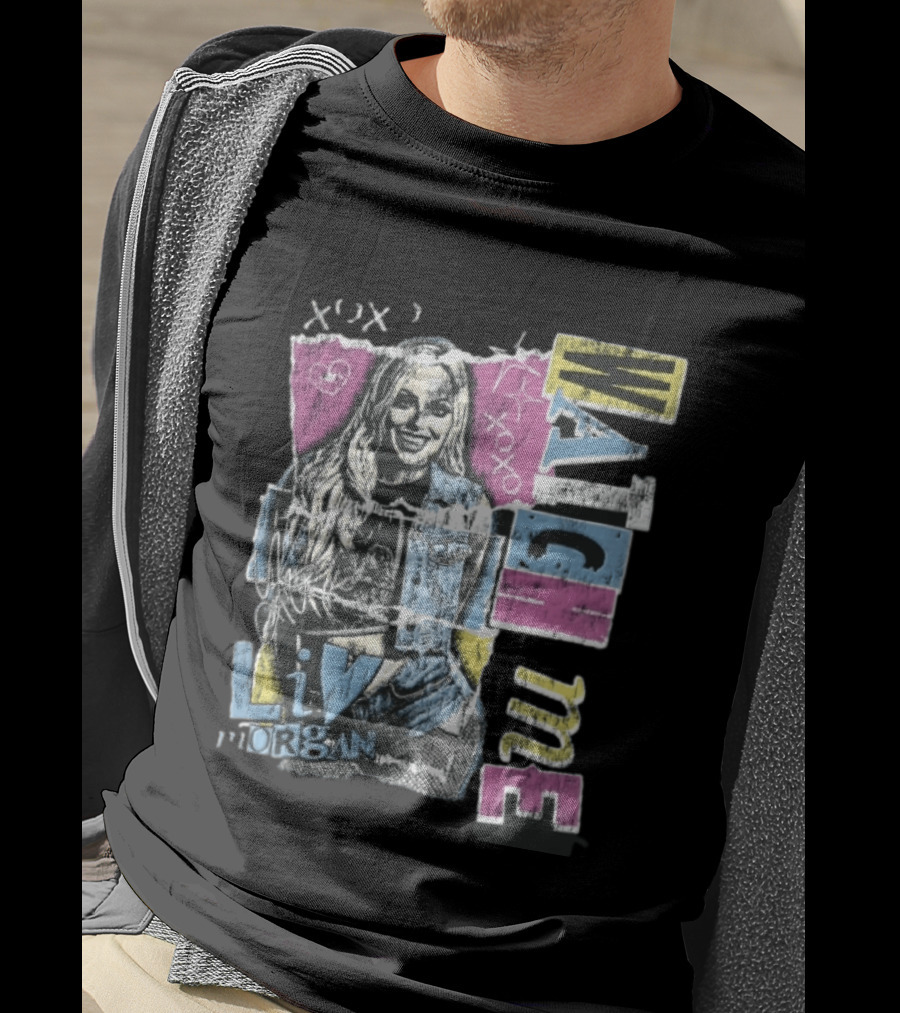 Me Xoxo Liv Morgan Denim Vest Distressed Halftone Torn Paper Collage T-Shirt