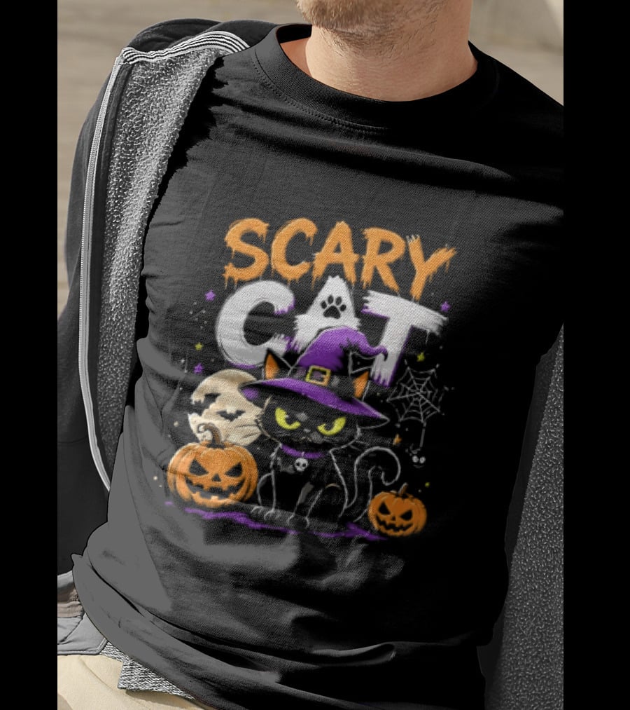 Scary Cat Black Kitten Witch Hat Full Moon Jack O Lanterns Halloween Cartoon T-Shirt