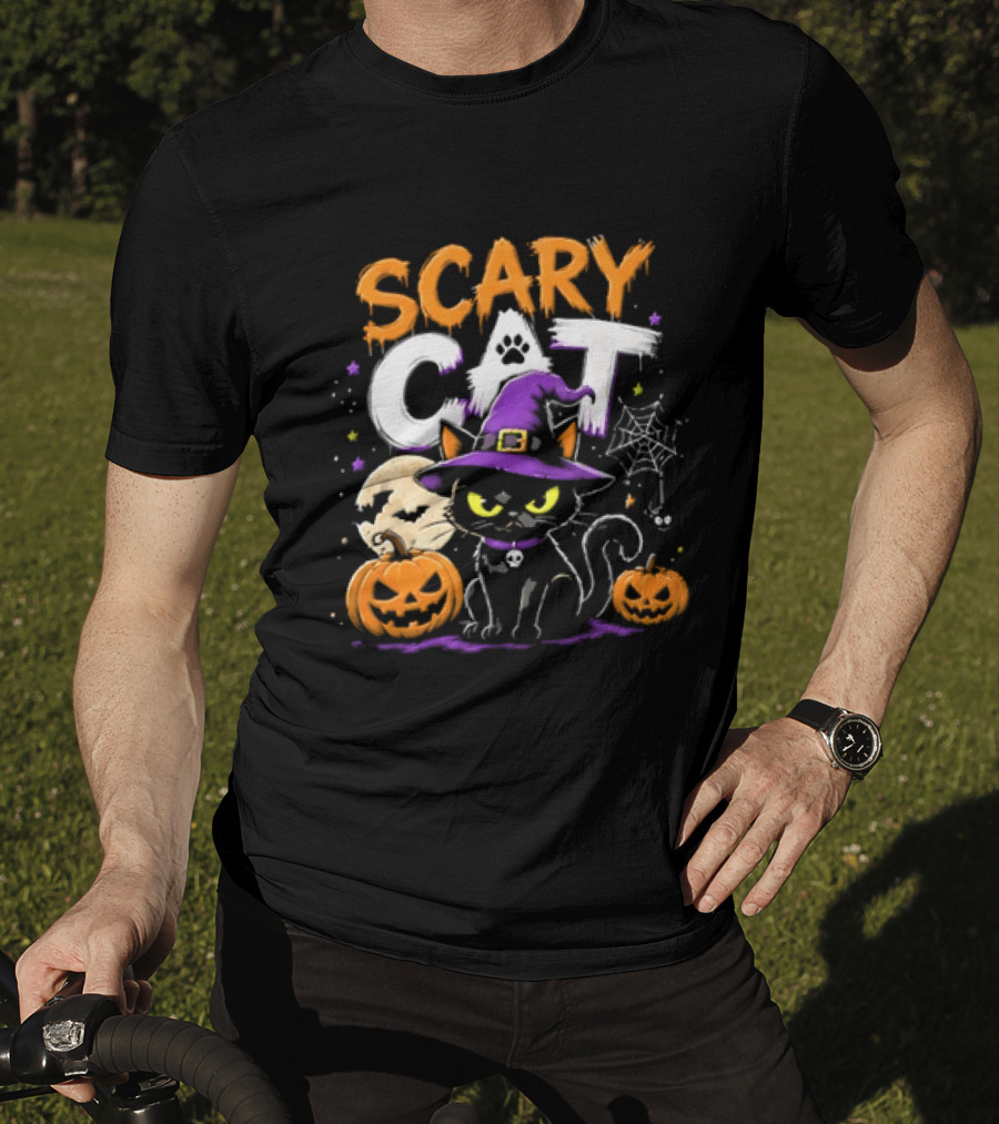 Scary Cat Black Kitten Witch Hat Full Moon Jack O Lanterns Halloween Cartoon T-Shirt