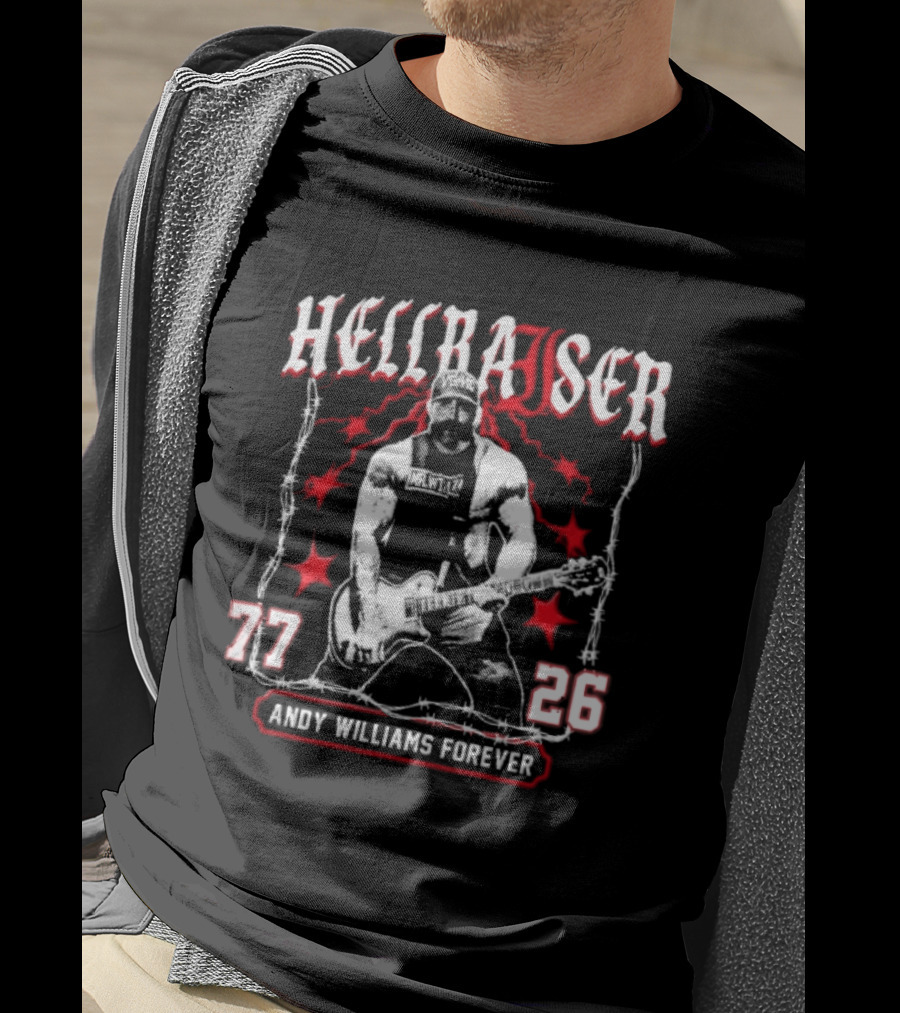 Hellraiser 77 26 Andy Williams Forever Halftone Bearded Guitarist Barbed Wire T-Shirt
