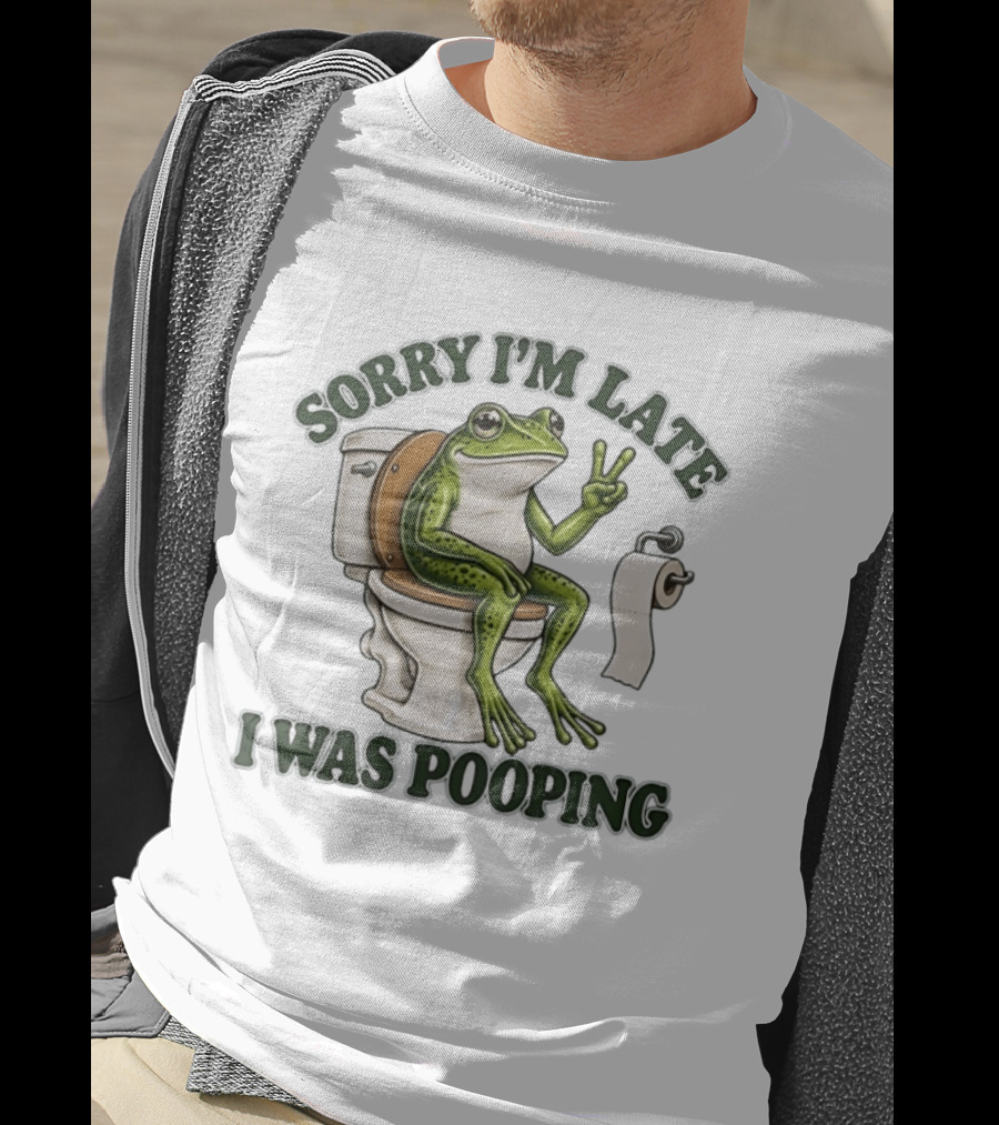 Sorry I'm Late I Was Pooping Frog On Toilet Peace Gesture T-Shirt