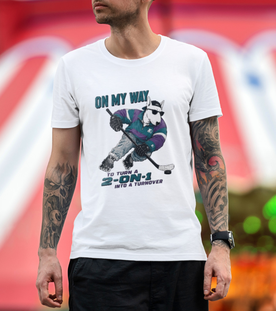 On My Way To Turn A 2 On 1 Into A Turnover Cartoon Bull Terrier Rollerblading Hockey Puck T-Shirt