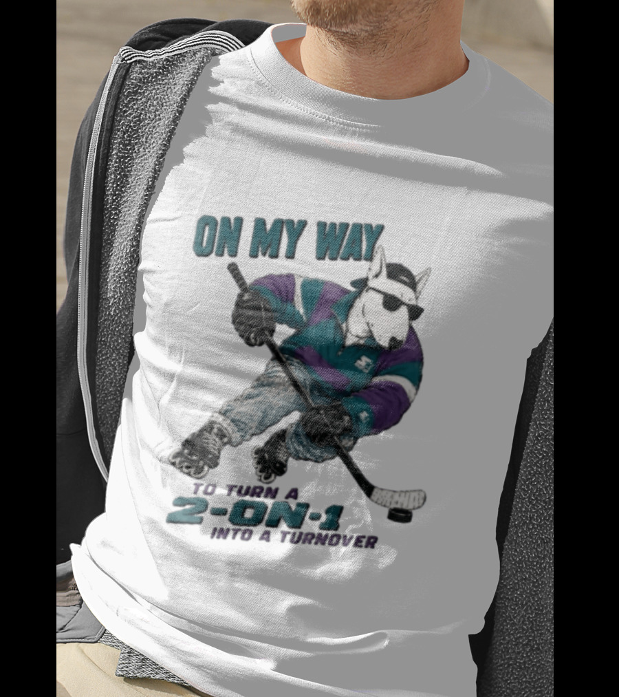 On My Way To Turn A 2 On 1 Into A Turnover Cartoon Bull Terrier Rollerblading Hockey Puck T-Shirt