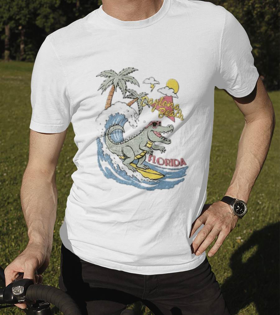 Daytona Beach Florida Surfing Alligator With Palm Trees And Sunglasses T-Shirt