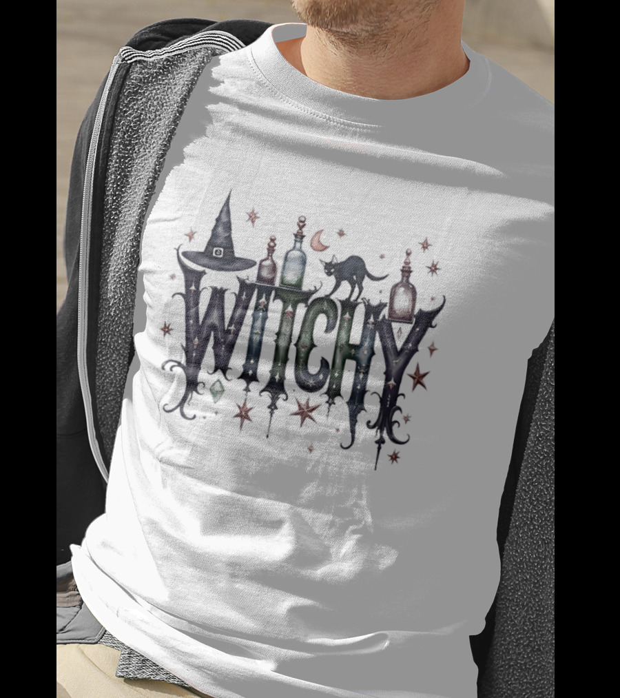 Witchy Halloween Magic With Potion Bottles Cat And Stars T-Shirt