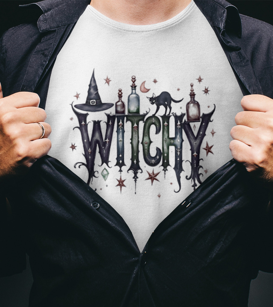 Witchy Halloween Magic With Potion Bottles Cat And Stars T-Shirt
