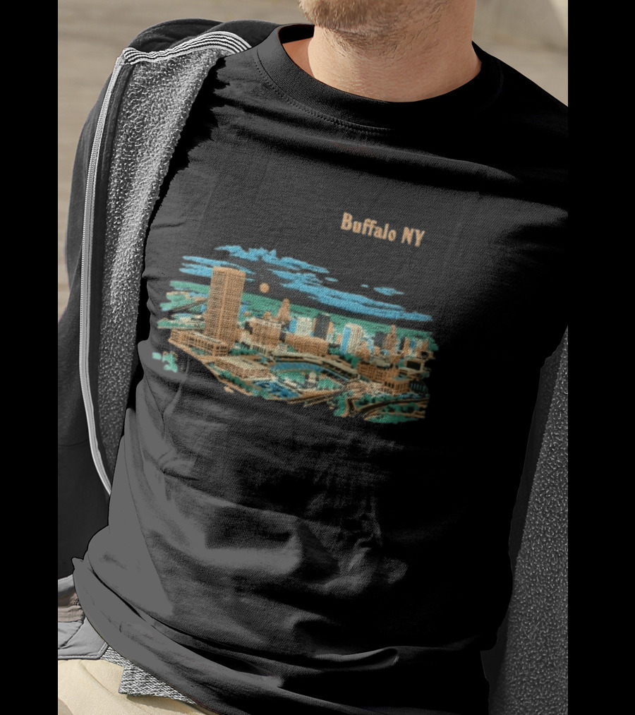 Buffalo NY Skyline Cityscape Illustration With Moonlit Clouds T-Shirt