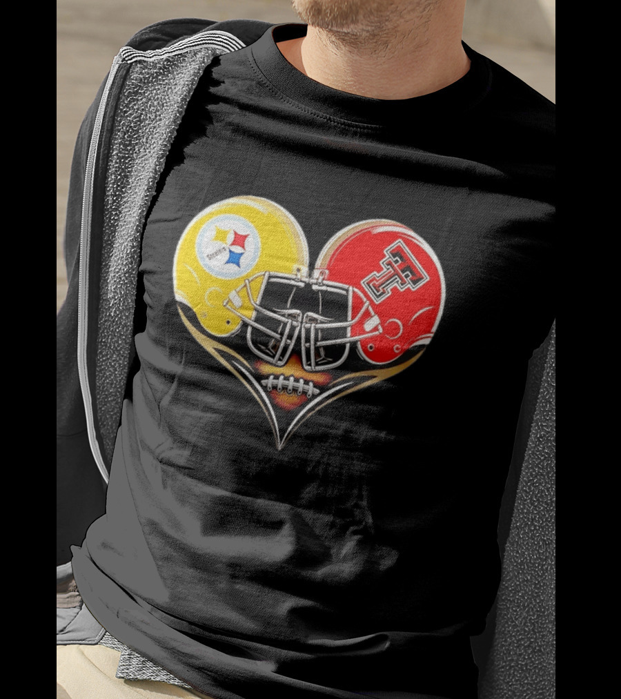 Pittsburgh Steelers Texas Tech Red Raiders Football Helmets Heart T-Shirt