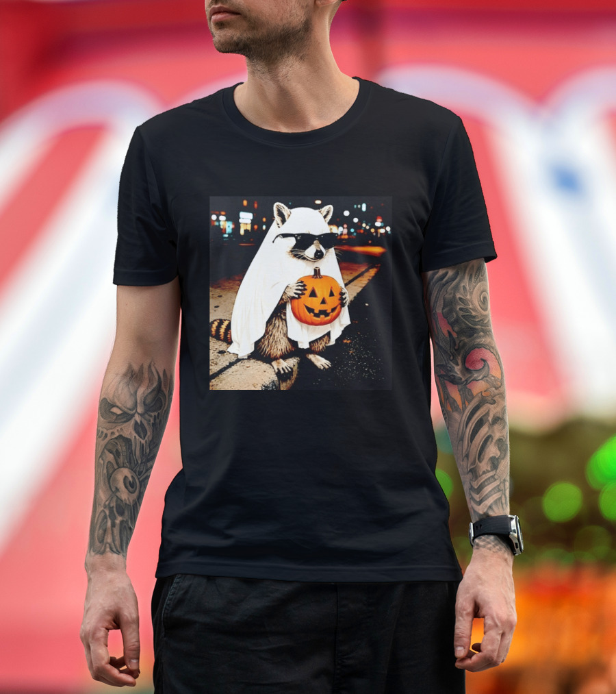 Raccoon Ghost Sunglasses Pumpkin Halloween Street Scene T-Shirt