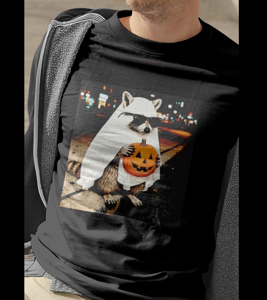 Raccoon Ghost Sunglasses Pumpkin Halloween Street Scene T-Shirt