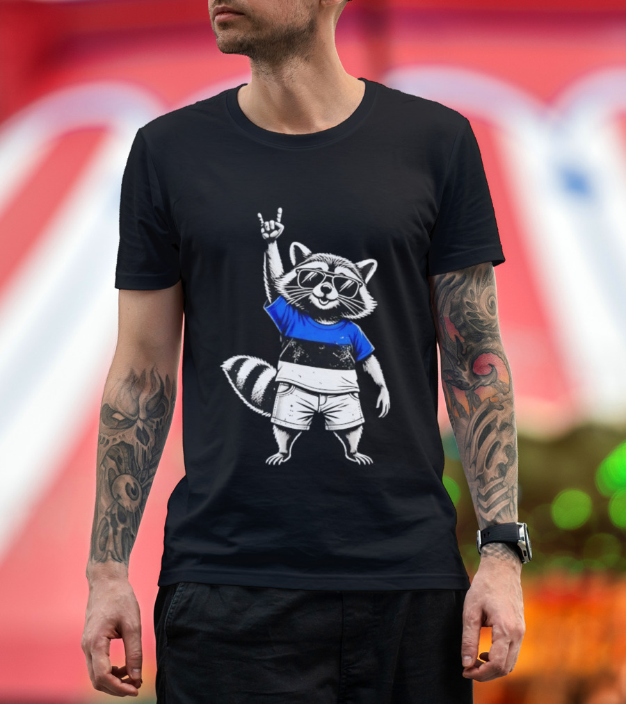 Rocking Raccoon Estonia Flag Style With Sunglasses And Hand Gesture T-Shirt