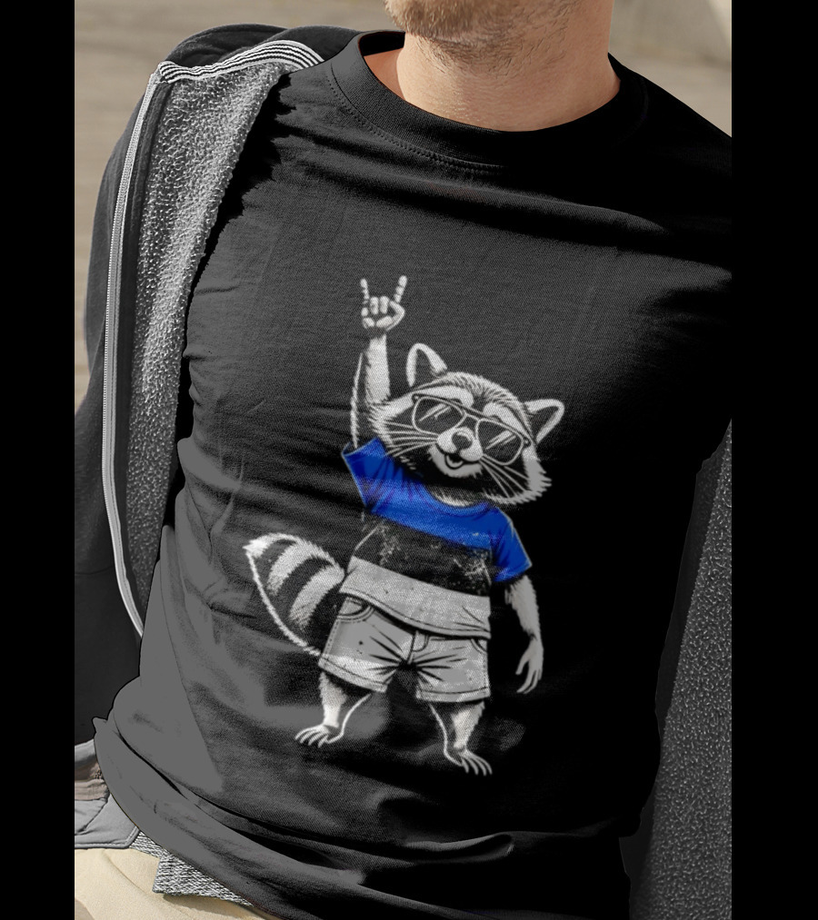 Rocking Raccoon Estonia Flag Style With Sunglasses And Hand Gesture T-Shirt