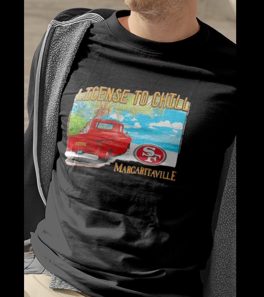 San Francisco 49ers License To Chill Margaritaville Beach Scene Vintage Truck T-Shirt