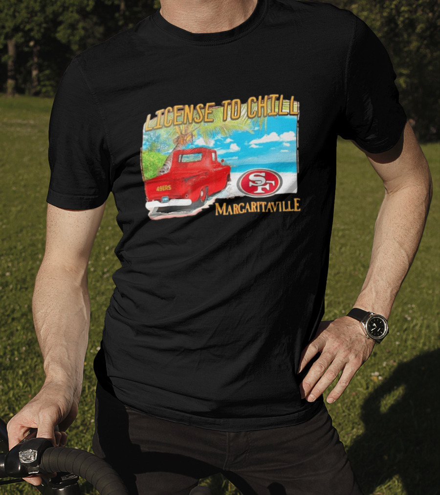 San Francisco 49ers License To Chill Margaritaville Beach Scene Vintage Truck T-Shirt