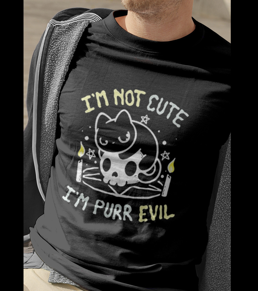 I'm Not Cute I'm Purr Evil Cat On Skull With Pentagram And Candles T-Shirt