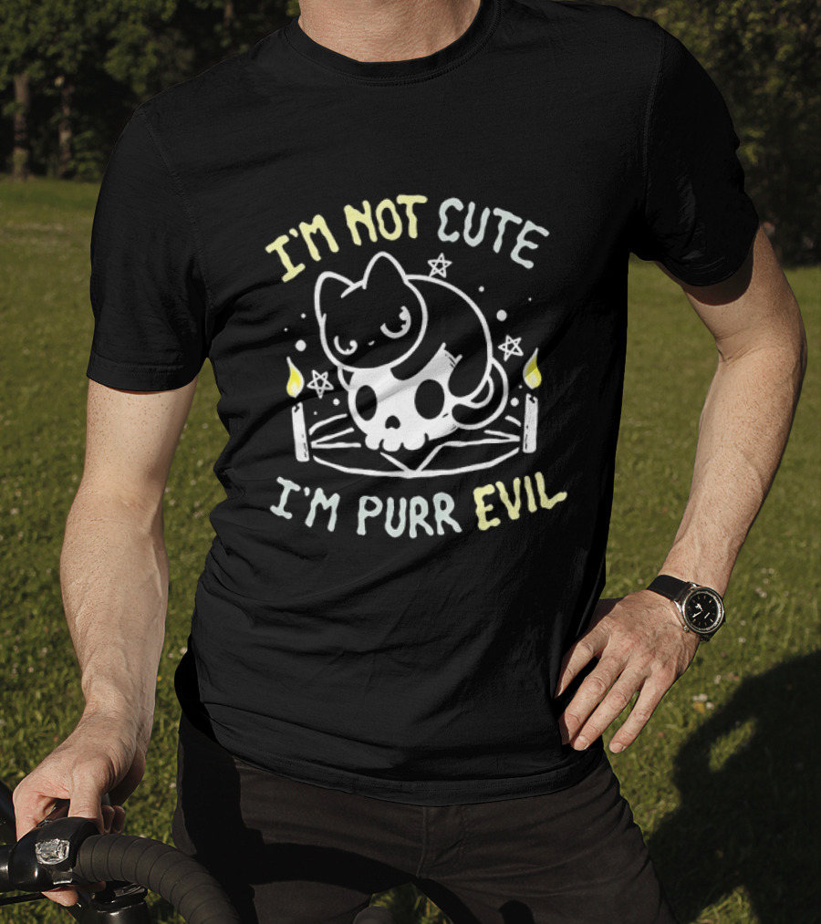 I'm Not Cute I'm Purr Evil Cat On Skull With Pentagram And Candles T-Shirt