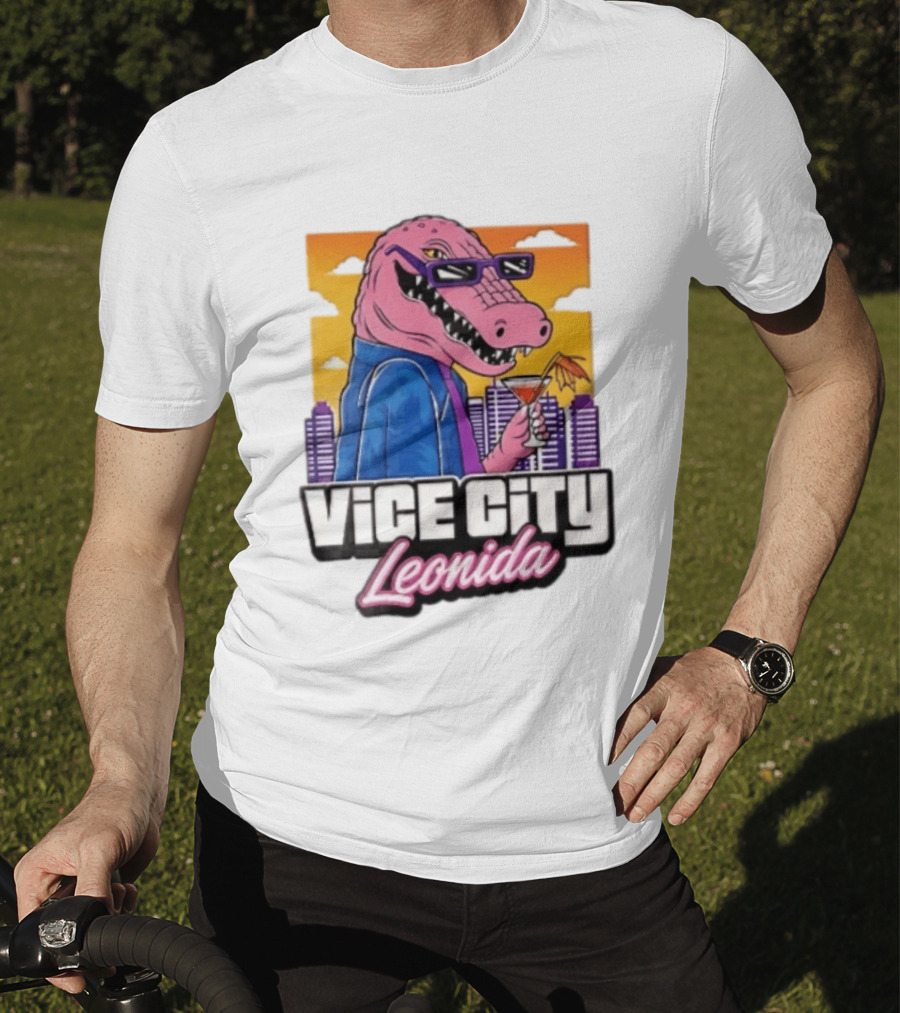 Vice City Leonida Pink Alligator Sunglasses Cocktail Cityscape T-Shirt