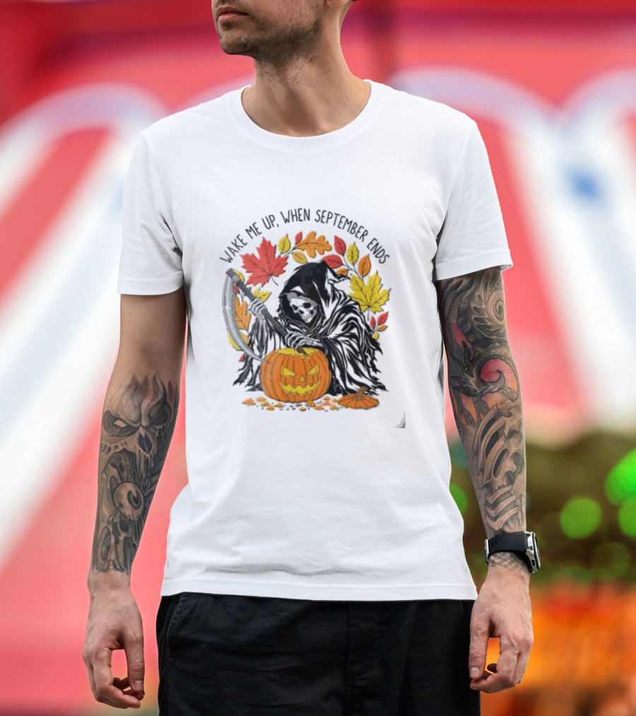 Wake Me Up When September Ends Grim Reaper Carving Jack O Lantern Autumn Leaves T-Shirt