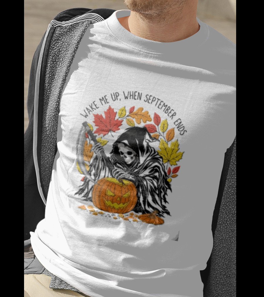 Wake Me Up When September Ends Grim Reaper Carving Jack O Lantern Autumn Leaves T-Shirt